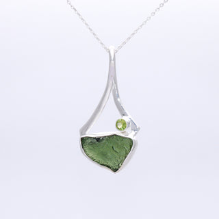 Genuine Moldavite Rough With Peridot Pendant 100% Natural With Certified Gemstone From Czech Republic 925 Sterling Silver Handmade Jewelry