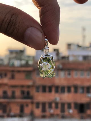 Genuine Moldavite Rough Herkimer Diamond Pendant Natural Gemstone From Czech Republic 925 Sterling Silver Handmade Designer Jewelry