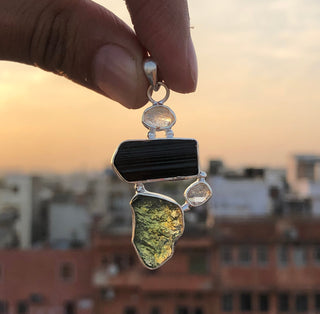 Moldavite Pendant, Black Tourmaline, Moldavite, Herkimer Diamond Pendant, Sterling Silver Pendant, Handmade Pendant, Natural Moldavite