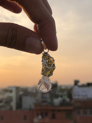 Genuine Moldavite Rough Herkimer Diamond Pendant Natural Gemstone From Czech Republic 925 Sterling Silver Handmade Designer Jewelry