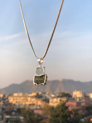 Moldavite Aquamarine pendant, genuine gemstone pendant, sterling silver handmade pendant, 100% genuine with certified gemstone