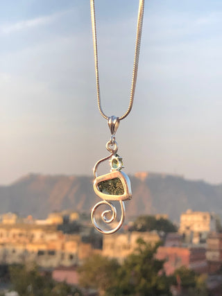 Moldavite Peridot pendant, genuine gemstone pendant, sterling silver handmade pendant, 100% genuine with certified gemstone