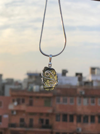 Genuine Moldavite Rough Pendant 100% Natural With Certified Gemstone From Czech Republic 925 Sterling Silver Handmade Designer Jewelry