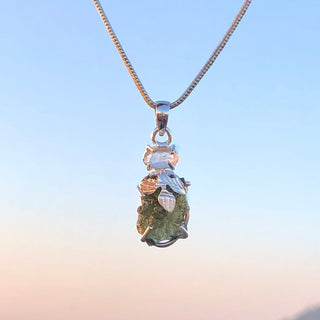 Moldavite herkimer pendant, genuine gemstone pendant, sterling silver handmade pendant, 100% genuine with certified gemstone