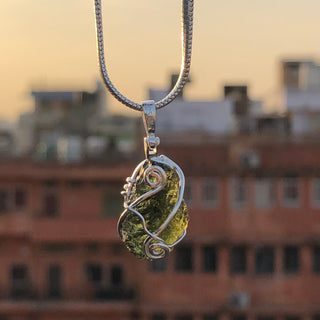 Genuine Moldavite Rough Pendant 100% Natural With Certified Gemstone From Czech Republic 925 Sterling Silver Handmade Designer Jewelry