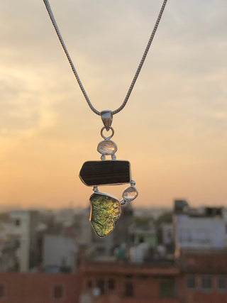 Moldavite Pendant, Black Tourmaline, Moldavite, Herkimer Diamond Pendant, Sterling Silver Pendant, Handmade Pendant, Natural Moldavite