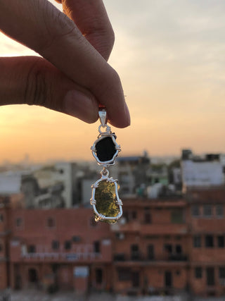 Moldavite Pendant, Black Tourmaline Pendant, Gemstone Pendant, Sterling Silver Pendant, Handmade Pendant, Natural Moldavite
