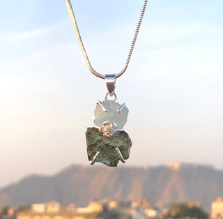 Moldavite Aquamarine pendant, genuine gemstone pendant, sterling silver handmade pendant, 100% genuine with certified gemstone