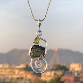 Moldavite Peridot pendant, genuine gemstone pendant, sterling silver handmade pendant, 100% genuine with certified gemstone