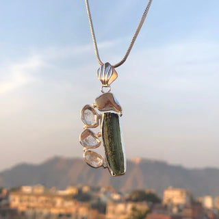 Moldavite Pendant, Czech Moldavite, Herkimer Diamond, Opal Pendant, Sterling Silver Pendant, Handmade Pendant, Natural Moldavite