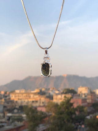 Moldavite herkimer pendant, genuine gemstone pendant, sterling silver handmade pendant, 100% genuine with certified gemstone