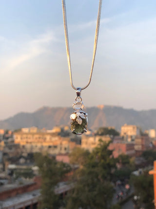 Moldavite herkimer pendant, genuine gemstone pendant, sterling silver handmade pendant, 100% genuine with certified gemstone