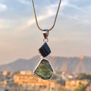 Moldavite Pendant, Black Tourmaline Pendant, Gemstone Pendant, Sterling Silver Pendant, Handmade Pendant, Natural Moldavite