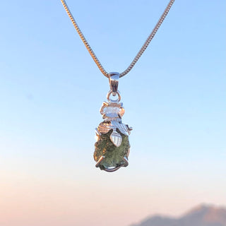 Moldavite herkimer pendant, genuine gemstone pendant, sterling silver handmade pendant, 100% genuine with certified gemstone