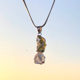 Genuine Moldavite Rough Herkimer Diamond Pendant Natural Gemstone From Czech Republic 925 Sterling Silver Handmade Designer Jewelry