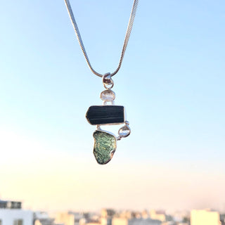Moldavite Pendant, Black Tourmaline, Moldavite, Herkimer Diamond Pendant, Sterling Silver Pendant, Handmade Pendant, Natural Moldavite