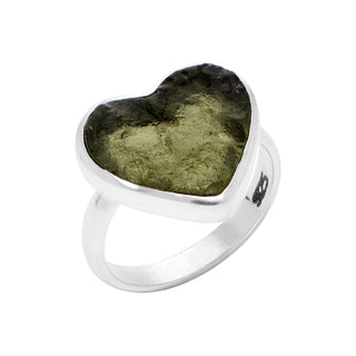 Authentic Czech Republic Moldavite Rough Heart Shaped Gemstone 925 Solid Sterling Silver Handmade Ring Jewelry