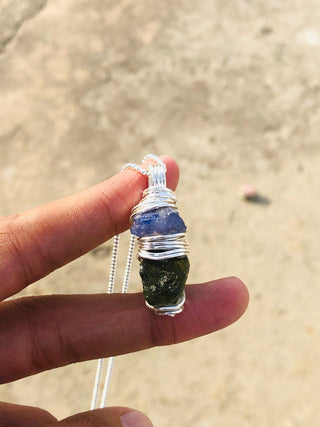 Genuine Moldavite & Tanzanite Pendant, 925 Sterling Silver Pendant, Genuine Moldavite, Raw Moldavite , 100% genuine gemstone for her