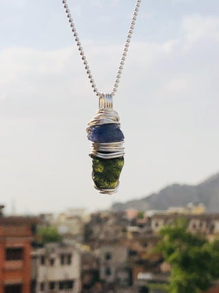 Genuine Moldavite & Tanzanite Pendant, 925 Sterling Silver Pendant, Genuine Moldavite, Raw Moldavite , 100% genuine gemstone for her