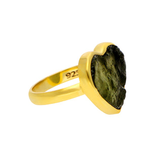 Authentic Czech Republic Moldavite Rough Heart Shaped Gemstone 14K Gold Filled in 925 Sterling Silver Handmade Ring Jewelry