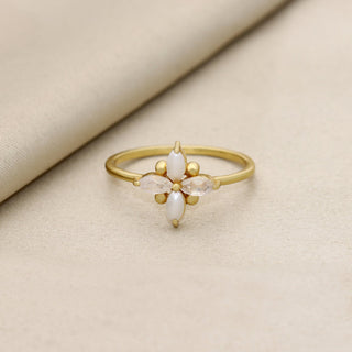 FLOWER SHAPE WHITE MOONSTONE GEMSTONE RING, 925 SILVER RING PLATED WITH 2 MICRON 18KT GOLD