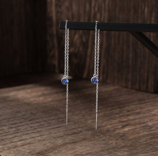 4mm Sapphire Blue CZ Threader Earrings By Harshita Jewellery