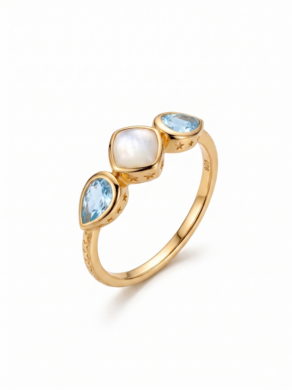 NATURAL MOON STONE AND SWISS BLUE TOPAZ RING, SQUARE SHAPE GEMSTONE, 925 SILVER 18KT GOLD PLATED