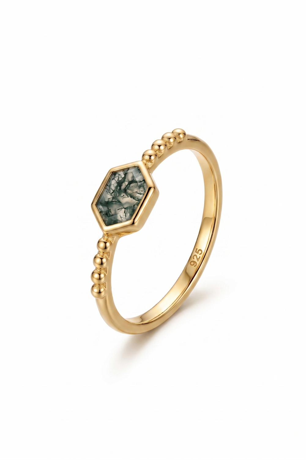NATURAL MOSS AGATE STONE RING, HEXAGON SHAPE GEMSTONE, 925 SILVER RING WITH 18KT GOLD PLATED