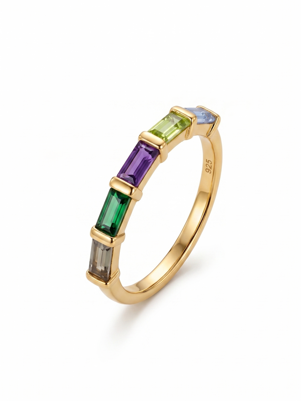 NATURAL MULTI STONE RING, BAGUETTE SHAPE GEMSTONE, 925 SILVER 18KT GOLD PLATED