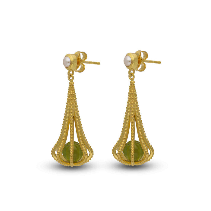 PEARLS & PERIDOT MINIMALIST DANGLE DROP EARRING, 925 STEALING SILVER PUSH BACK