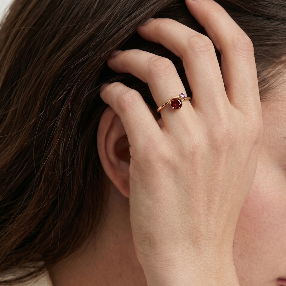 TINY RED GARNET AND AMETHYST STONE RING, ROUND SHAPE GEMSTONE, 925 STERLING SILVER, DECORATED WITH DEDICATED WOMEN JEWELRY