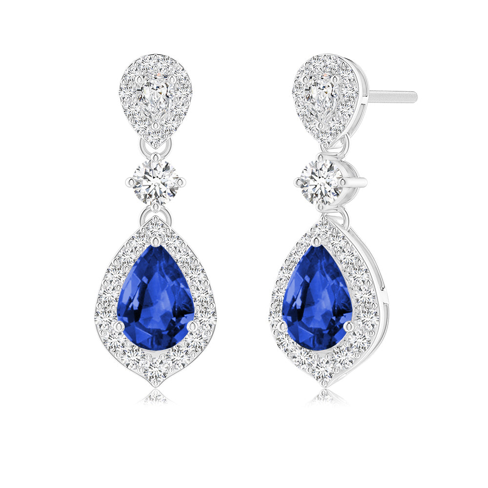 Pear Sapphire & Pave moissanite Drop Earrings With Pavé Halo