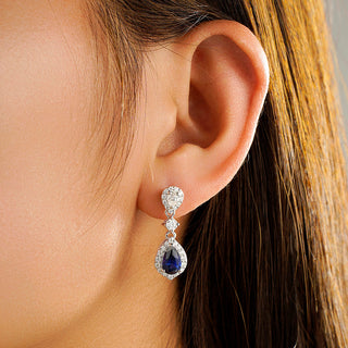 Pear Sapphire & Pave moissanite Drop Earrings With Pavé Halo