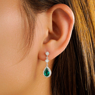 Pear Emerald & Moissanite Drop Earrings With Pavé Halo