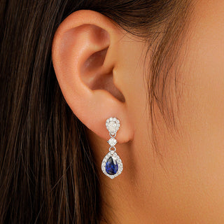 Pear Sapphire & Pave moissanite Drop Earrings With Pavé Halo