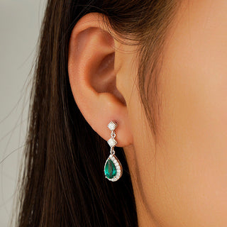 Pear Emerald & Moissanite Drop Earrings With Pavé Halo
