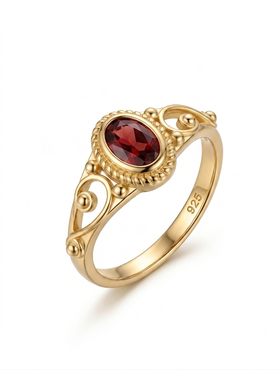 RED GARNET GEMSTONE RING, 925 SILVER RING PLATED WITH 2 MICRON 18KT GOLD