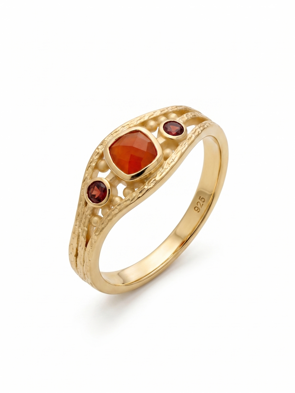 THREE STONE RED GARNET GEMSTONE RING, 925 SILVER RING PLATED WITH 2 MICRON 18KT GOLD