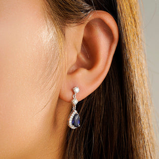 Pear Blue Sapphire & Moissanite Drop Earrings With Pavé Halo