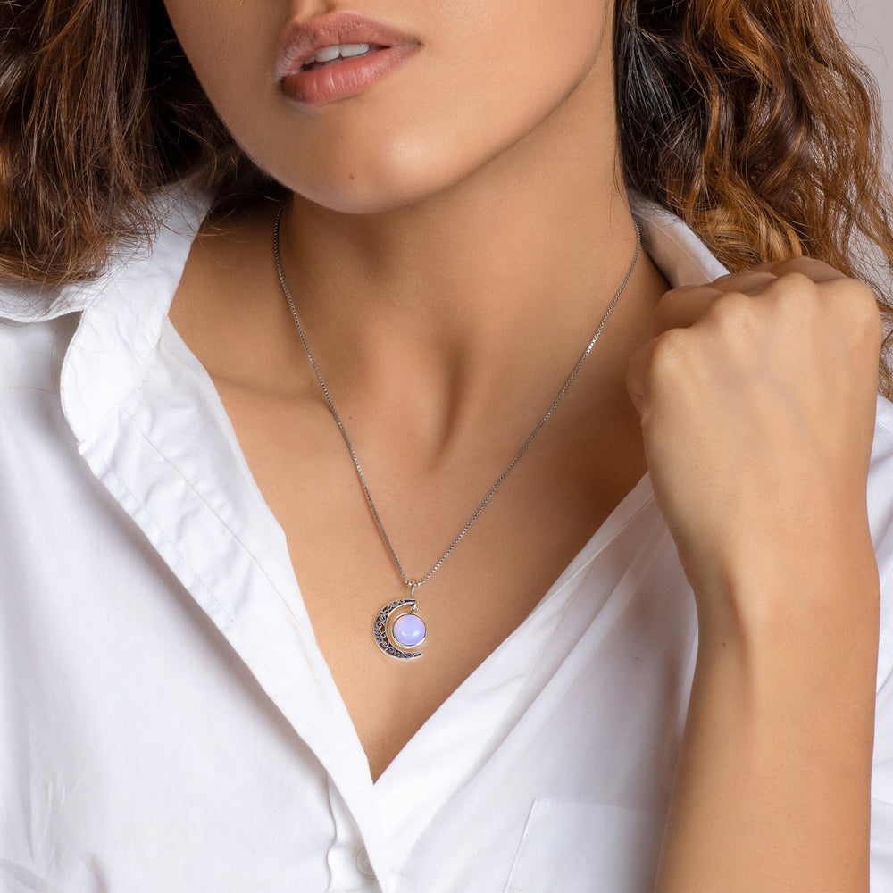 Oxidised Silver Moonstone Crescent Pendant with Box Chain By Harshita Jewellery