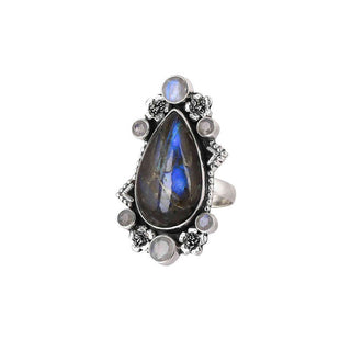 SEPTEMBER BIRTHSTONE GEMSTONE RING 925 SILVER RING DECORATED WITH LABRADORITE AND MOONSTONE GEMSTONE