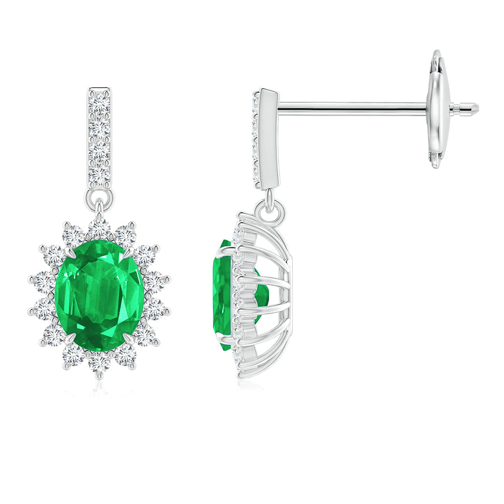 Oval Emerald & Moissanite Drop Earrings With Pavé Halo