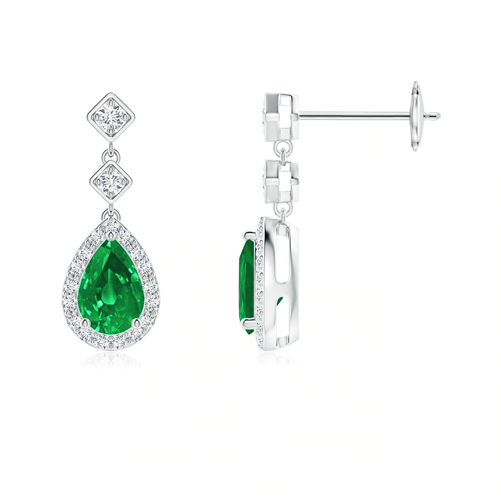 Pear Emerald & Moissanite Drop Earrings With Pavé Halo