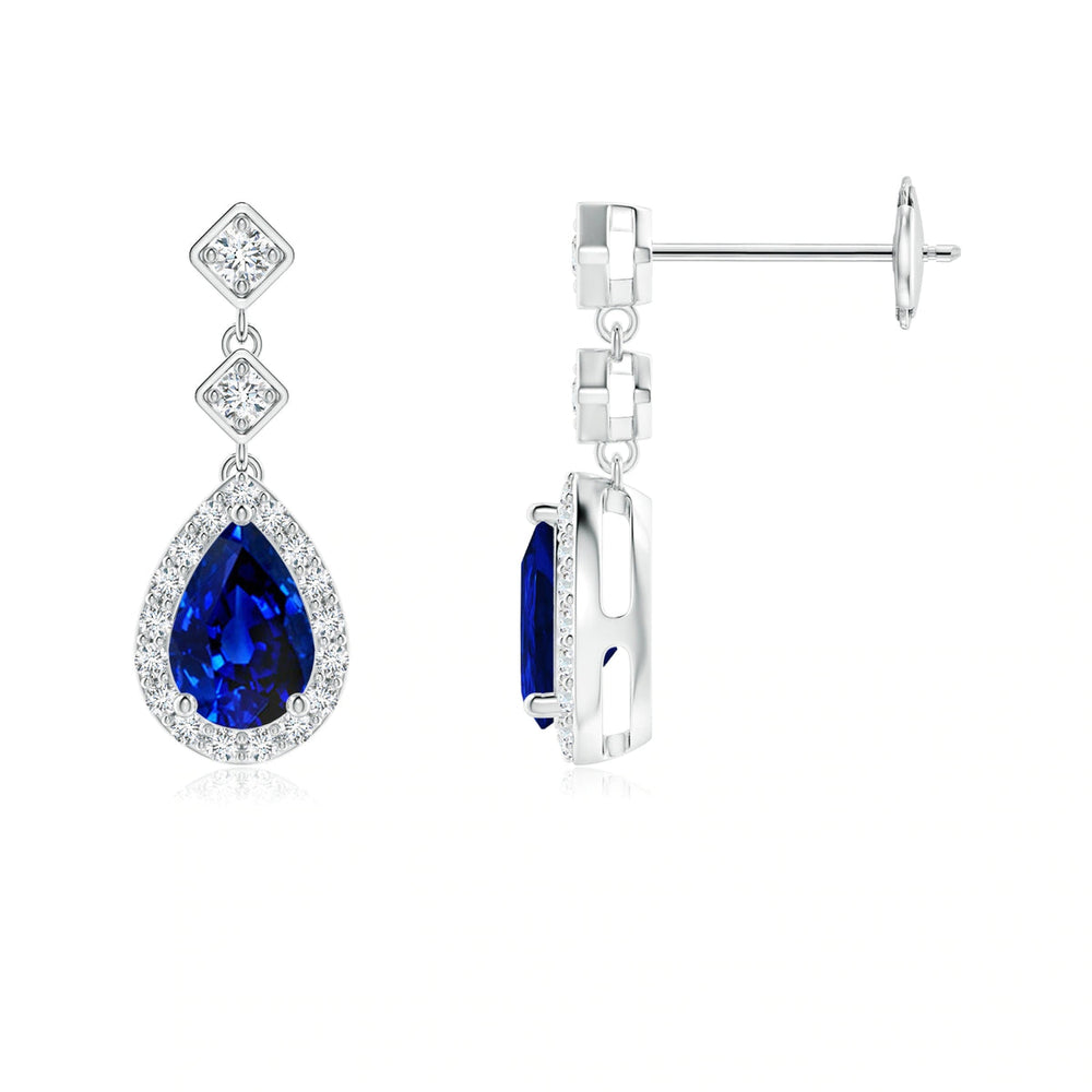 Pear Blue Sapphire & Moissanite Drop Earrings With Pavé Halo