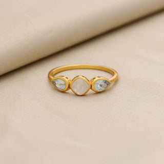 NATURAL MOON STONE AND SWISS BLUE TOPAZ RING, SQUARE SHAPE GEMSTONE, 925 SILVER 18KT GOLD PLATED