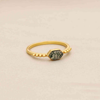 NATURAL MOSS AGATE STONE RING, HEXAGON SHAPE GEMSTONE, 925 SILVER RING WITH 18KT GOLD PLATED