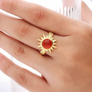 SUN SHAPE 925 STEALING SILVER RING, DECORATED WITH ORANGE ONYX GEMSTONE, PLATED WITH 2 MICRON 18KT GOLD