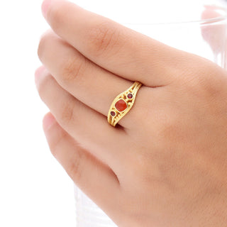 THREE STONE RED GARNET GEMSTONE RING, 925 SILVER RING PLATED WITH 2 MICRON 18KT GOLD
