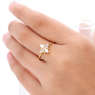 FLOWER SHAPE WHITE MOONSTONE GEMSTONE RING, 925 SILVER RING PLATED WITH 2 MICRON 18KT GOLD