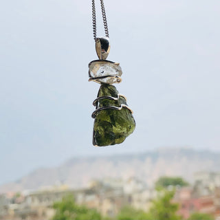 Genuine Moldavite & Herkimer Rough Pendant,  925 Sterling Silver Handmade Pendant, Moldavite Gemstone Pendant, Gift For Women's